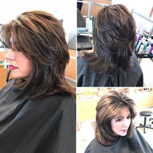 Brunette with Medium Length Layers and Bangs